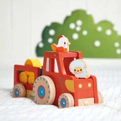 New Tracteur en bois à tirer Ferme (7 pièces) Jouet À Tirer / Pousser